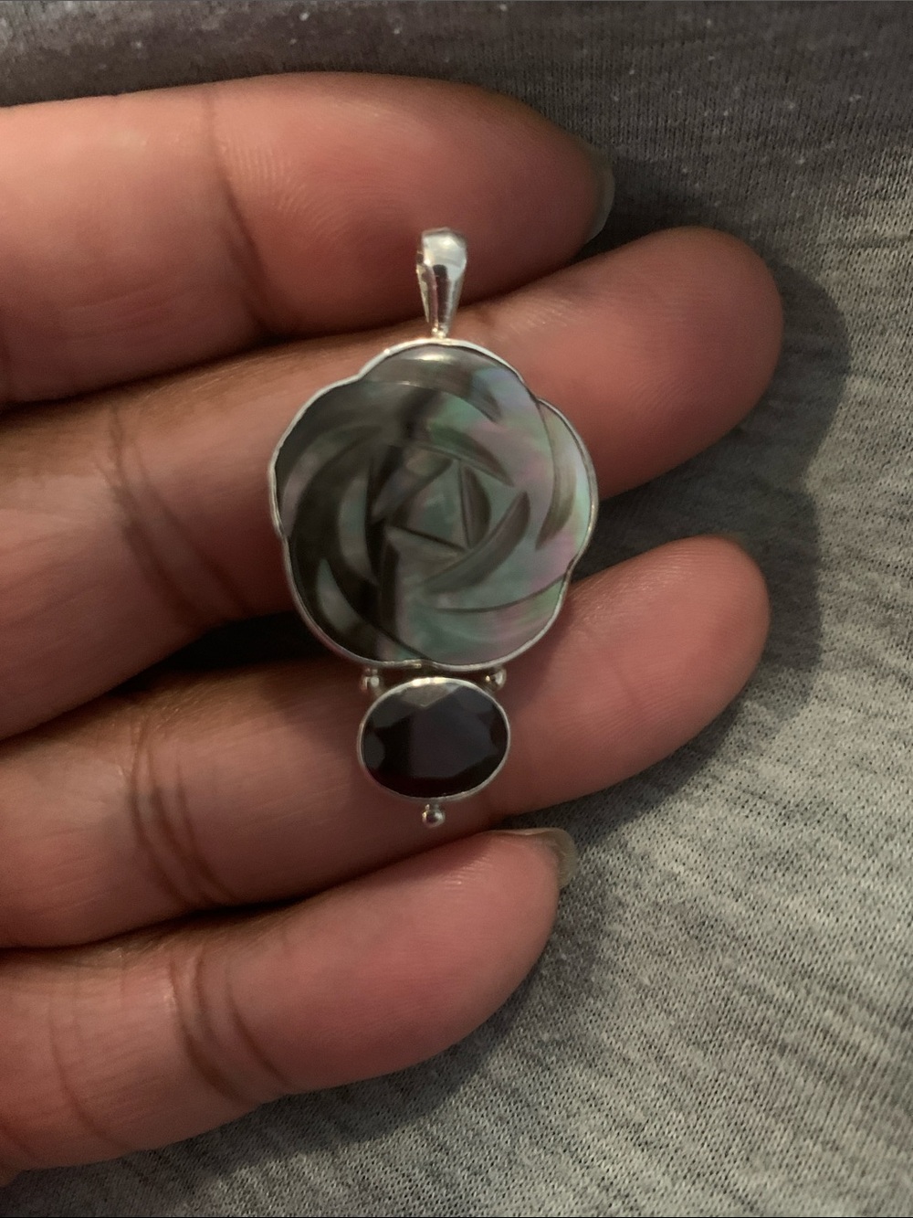 Vintage Sterling Silver Abalone Flower Pendant with Garnet Gem Stone